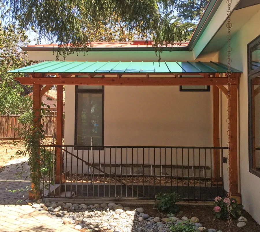 Sunset Patio Pavilion (Options: 16' L x 9' W, No Privacy Panels, California Redwood, 9ft H, No Electrical Wiring Trim, 4-Post Anchor Kit for Concrete, No Post Decorative Trim, No Ceiling Fan Base, No Curtain Rods, Transparent Premium Sealant). Photo Courtesy of S. Aber.