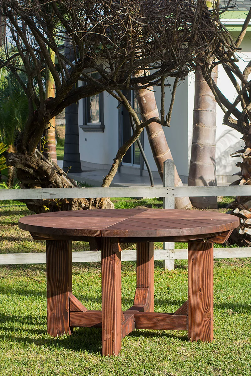 Sunset Patio Tables (Options: 4.5' Diameter, Table Alone, Douglas-Fir, Standard Tabletop, No Lazy Susan, No Umbrella Hole, Coffe Stain Premium Sealant).