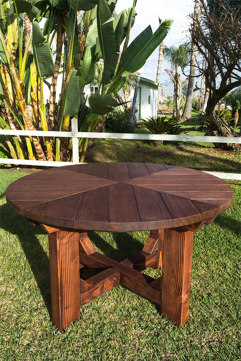 Sunset Patio Tables (Options: 4.5' Diameter, Table Alone, Douglas-Fir, Standard Tabletop, No Lazy Susan, No Umbrella Hole, Coffe Stain Premium Sealant).