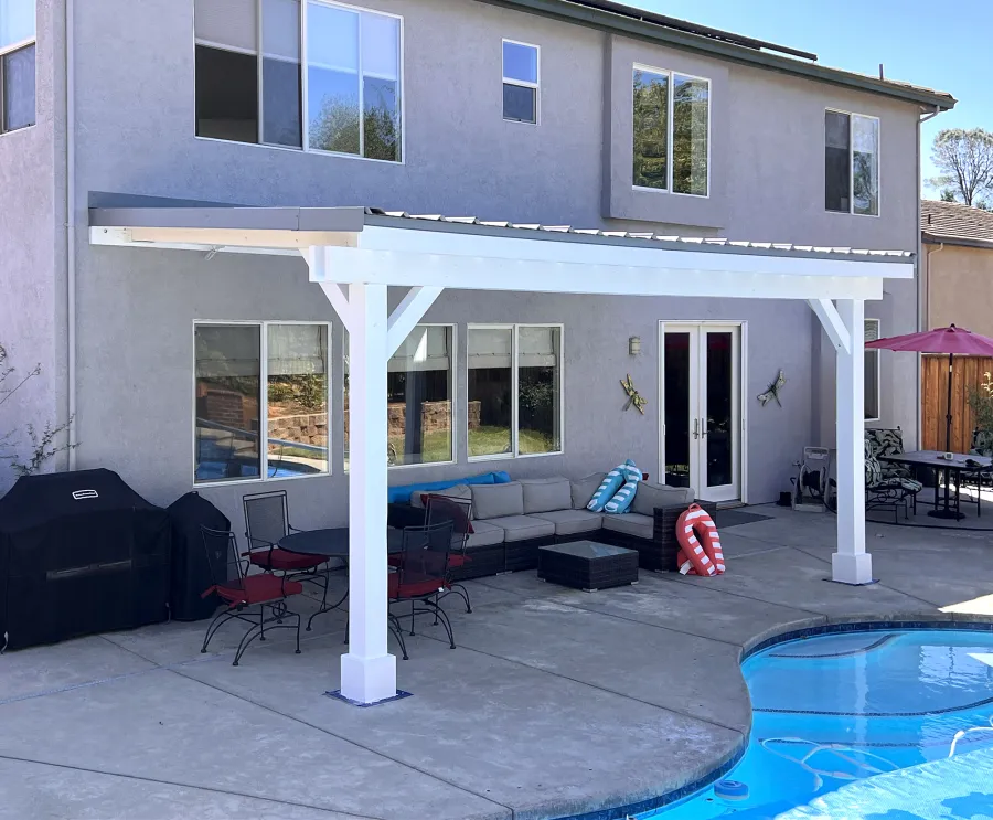 Sunset Porch Pavilion (Options: 22' x 12', Mosaic Redwood,10ft H, With 2 Ceiling Fan Bases, 2-Post Anchor Kit for High-Wind, Off-White Oil-Based Primer). Photo Courtesy of M. Rich of Cameron Park, CA.