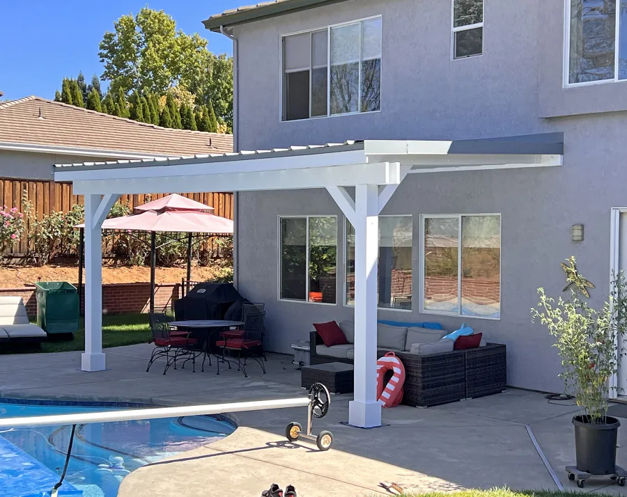 Sunset Porch Pavilion (Options: 22' x 12', Mosaic Redwood,10ft H, With 2 Ceiling Fan Bases, 2-Post Anchor Kit for High-Wind, Off-White Oil-Based Primer). Photo Courtesy of M. Rich of Cameron Park, CA.