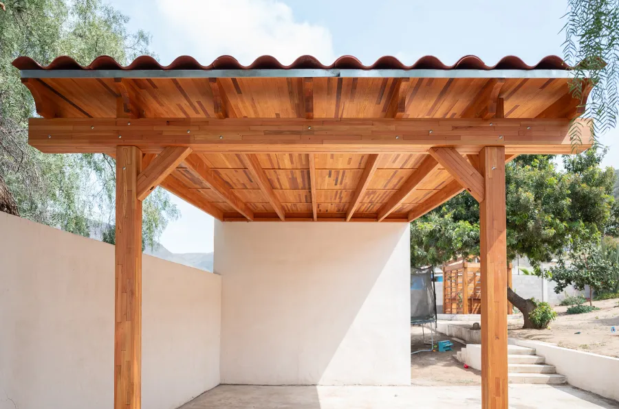 Sunset Porch Pavilion (Options: 20' x 12', Posts and Roof Timbers are Mosaic Douglas-Fir, Parquet Roofing is Mosaic Redwood, 8ft H, No Electrical Wiring Trim, 2-Post Anchor Kit for Concrete, No Post Decorative Trim, No Ceiling Fan Base, No Curtain Rods, Transparent Premium Sealant). Internal Ceiling is Our New Parquet Roofing Finish in California Redwood.