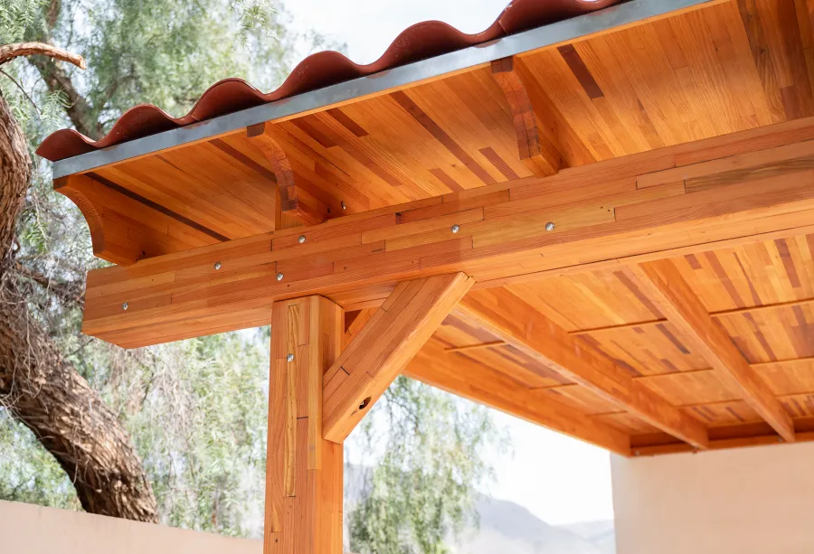 Sunset Porch Pavilion (Options: 20' x 12', Posts and Roof Timbers are Mosaic Douglas-Fir, Parquet Roofing is Mosaic Redwood, 8ft H, No Electrical Wiring Trim, 2-Post Anchor Kit for Concrete, No Post Decorative Trim, No Ceiling Fan Base, No Curtain Rods, Transparent Premium Sealant). Internal Ceiling is Our New Parquet Roofing Finish in California Redwood.
