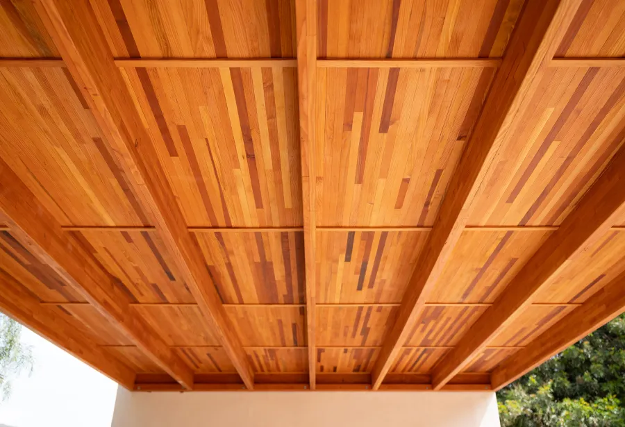 Sunset Porch Pavilion (Options: 20' x 12', Posts and Roof Timbers are Mosaic Douglas-Fir, Parquet Roofing is Mosaic Redwood, 8ft H, No Electrical Wiring Trim, 2-Post Anchor Kit for Concrete, No Post Decorative Trim, No Ceiling Fan Base, No Curtain Rods, Transparent Premium Sealant). Internal Ceiling is Our New Parquet Roofing Finish in California Redwood.