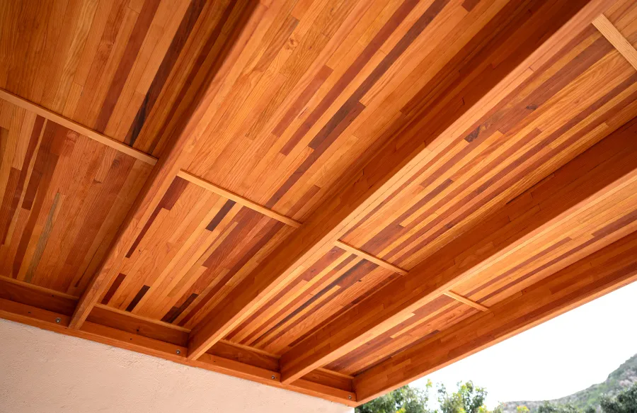 Sunset Porch Pavilion (Options: 20' x 12', Posts and Roof Timbers are Mosaic Douglas-Fir, Parquet Roofing is Mosaic Redwood, 8ft H, No Electrical Wiring Trim, 2-Post Anchor Kit for Concrete, No Post Decorative Trim, No Ceiling Fan Base, No Curtain Rods, Transparent Premium Sealant). Internal Ceiling is Our New Parquet Roofing Finish in California Redwood.