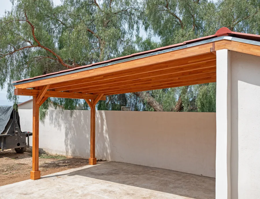 Sunset Porch Pavilion (Options: 20' x 12', Posts and Roof Timbers are Mosaic Douglas-Fir, Parquet Roofing is Mosaic Redwood, 8ft H, No Electrical Wiring Trim, 2-Post Anchor Kit for Concrete, No Post Decorative Trim, No Ceiling Fan Base, No Curtain Rods, Transparent Premium Sealant). Internal Ceiling is Our New Parquet Roofing Finish in California Redwood.