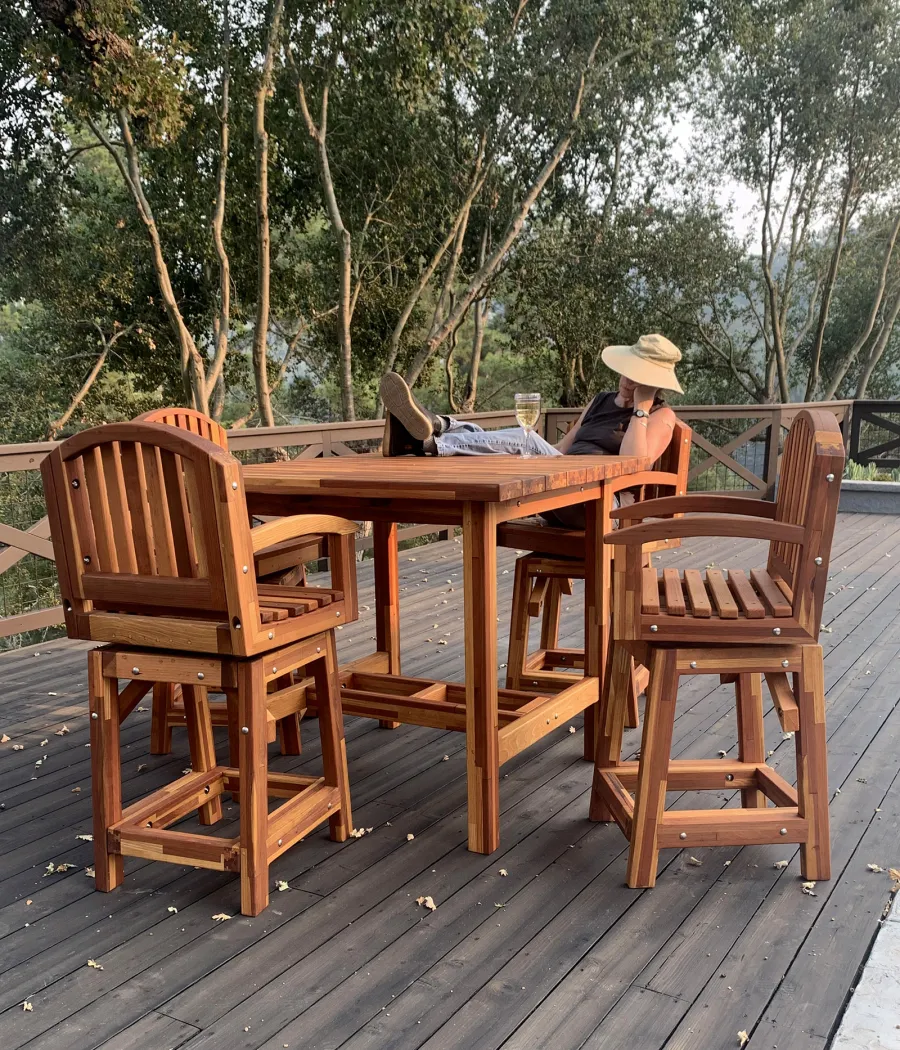 Custom Tete-a-Tete Outdoor Wood Cocktail & Bar Stool Set (Options: Vera's Armchair, 45" x 45" Tabletop but Custom Request, with 4 Stools, Mosaic Redwood, with Swivel Seats, No Cushions, Standard Tabletop, No Umbrella Hole, Transparent Premium Sealant). 