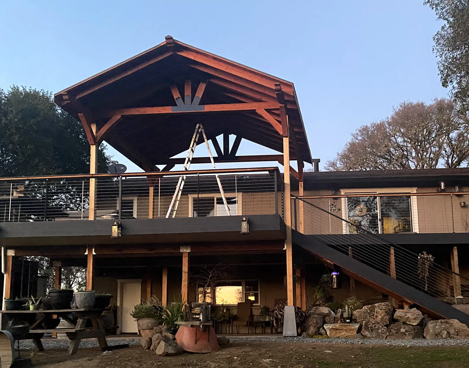 Custom Thick Timber Toledo Wood Pavilion, 20' L x 18' W, Mature Redwood, in Ukiah, CA