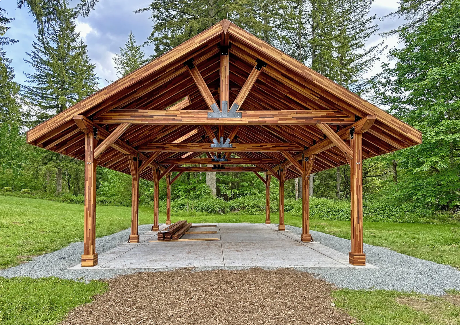Thick Timber Toledo Wood Pavilion Under Installation, 44' L x 26' W, Mosaic California Redwood, in Monroe, WA