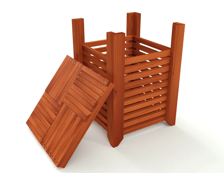 The Trellised Trash Receptacle (Options: California Redwood, Transparent Premium Sealant). Rendering Image.