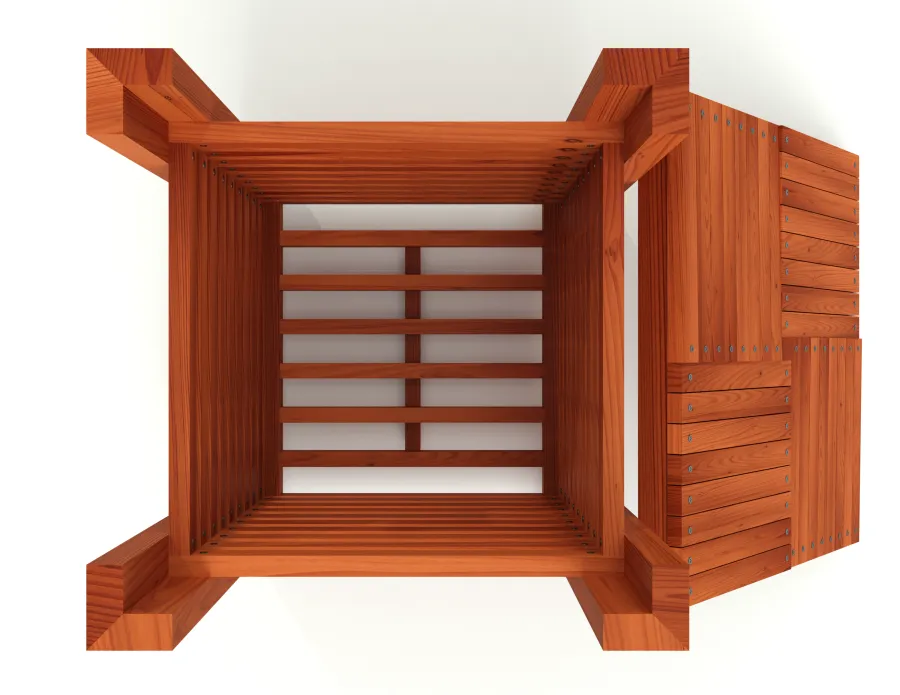 The Trellised Trash Receptacle (Options: California Redwood, Transparent Premium Sealant). Rendering Image.