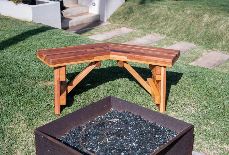 V-Wing Benches (Options: 36 inches, Mosaic Redwood, No Engraving, Transparent Premium Sealant).