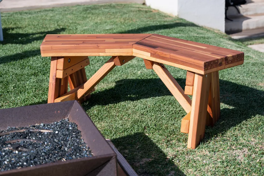 V-Wing Benches (Options: 36 inches, Mosaic Redwood, No Engraving, Transparent Premium Sealant).