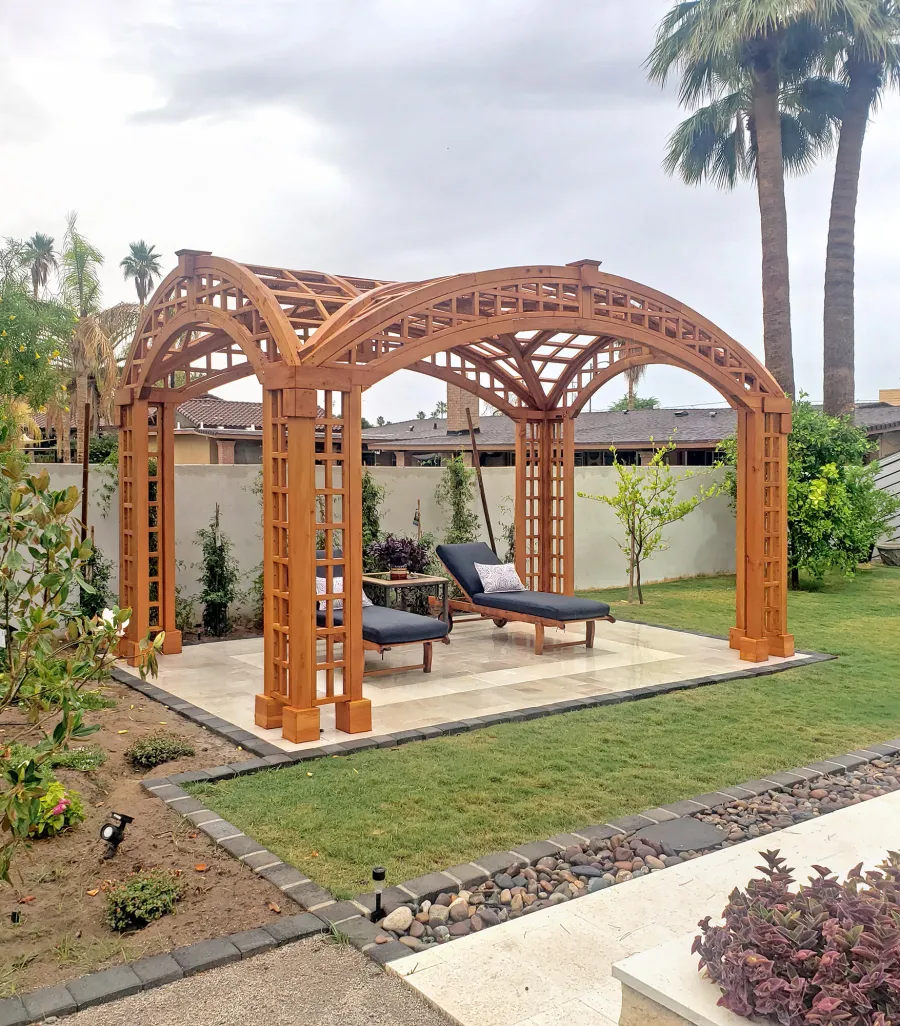 Victorian Arch Trellis Pergola (Options: 16' L x 10' W, Douglas-fir, Post Anchor Kit for Concrete, No Rain Guard, Transparent Premium Sealant). Photo Courtesy of B. Rowlison of Martinez Lake, AZ.