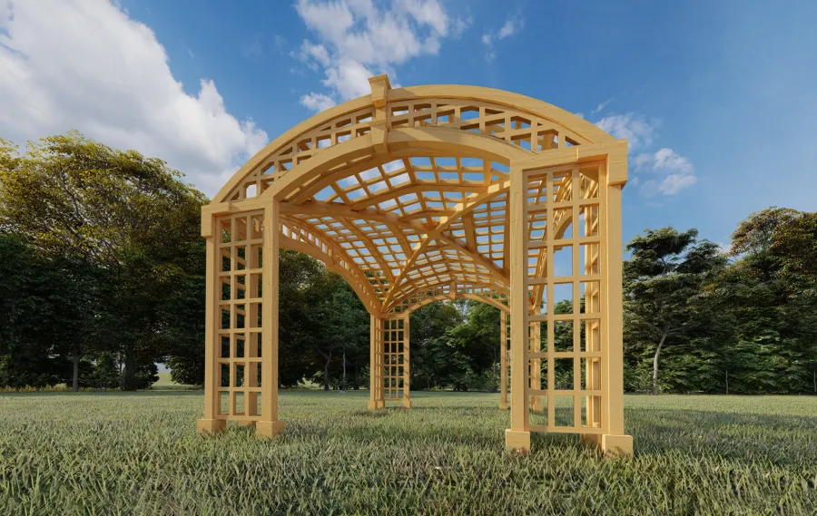 Render of The Victorian Arch Trellis Pergola (Options: 16' L x 12' W, No Rain Guard).