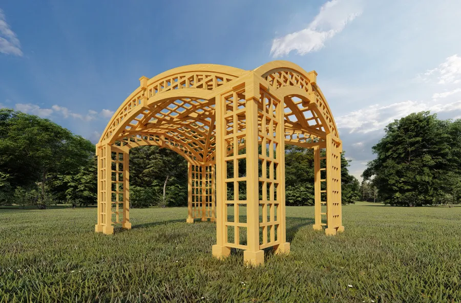 Render of The Victorian Arch Trellis Pergola (Options: 16' L x 12' W, No Rain Guard).