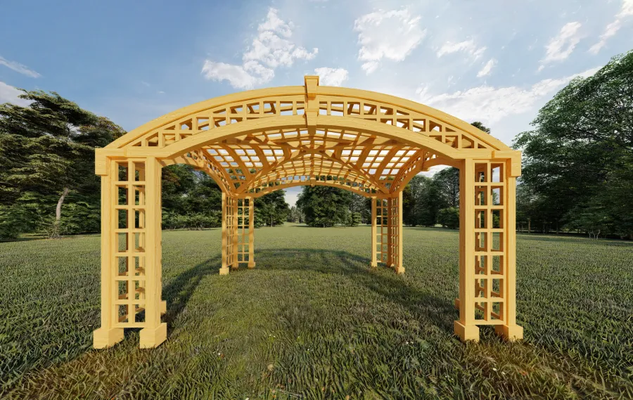 Render of The Victorian Arch Trellis Pergola (Options: 16' L x 12' W, No Rain Guard).