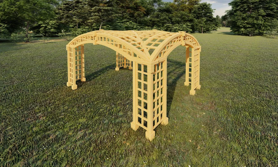 Render of The Victorian Arch Trellis Pergola (Options: 16' L x 12' W, No Rain Guard).