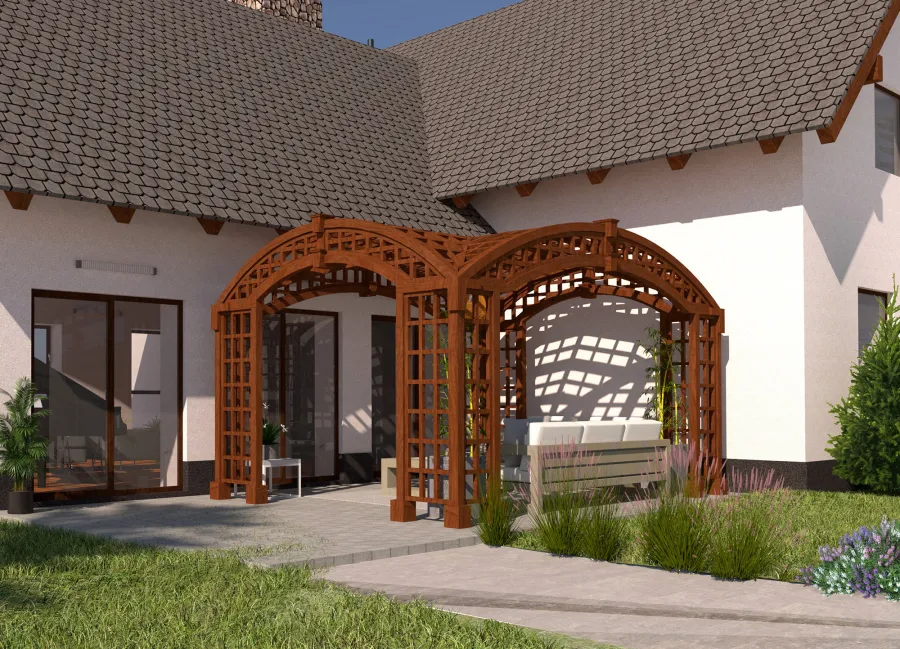 Render of The Victorian Arch Trellis Pergola (Options: 16' L x 12' W, No Rain Guard).