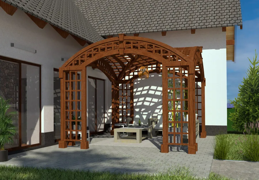 Render of The Victorian Arch Trellis Pergola (Options: 16' L x 12' W, No Rain Guard).