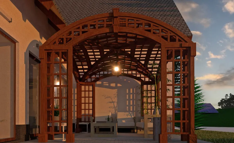 Render of The Victorian Arch Trellis Pergola (Options: 16' L x 12' W, No Rain Guard).