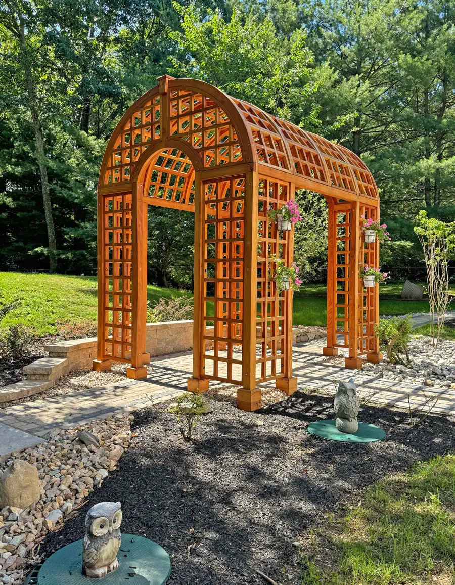 The Victorian Trellis (Options: 10' L x 8' W, Without Arcs and Lattice Panels, Douglas-fir, No Rain Guard, No Electrical Wiring Trim, Post Anchor Kit for High-Wind, 4x4 Posts, No Ceiling Fan Base, Transparent Premium Sealant). Photo Courtesy of C. Freeman of Saylorsburg, PA.
