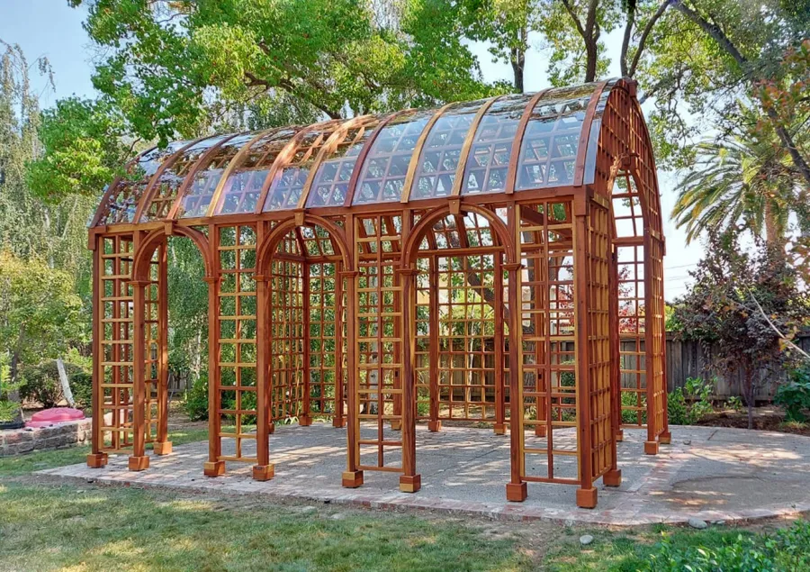 The Victorian Trellis (Options: 22' L x 14' W, Victorian Arcs in One Side [3 Arcs], California Redwood, with Rain Guard, 9' Post Height, Electrical Wiring Trim for 1 Post, No Ceiling Fan Base, Transparent Premium Sealant).
