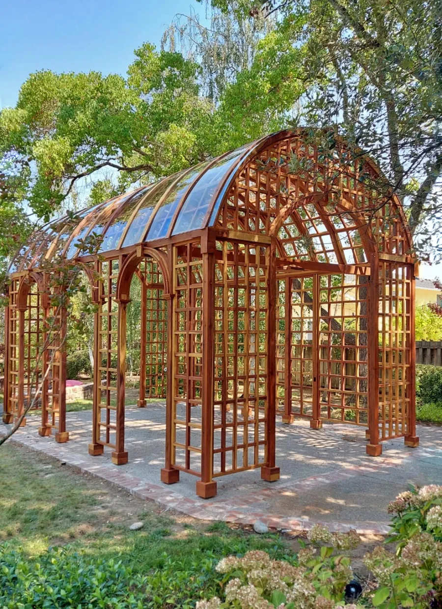 The Victorian Trellis (Options: 22' L x 14' W, Victorian Arcs in One Side [3 Arcs], California Redwood, with Rain Guard, 9' Post Height, Electrical Wiring Trim for 1 Post, No Ceiling Fan Base, Transparent Premium Sealant).