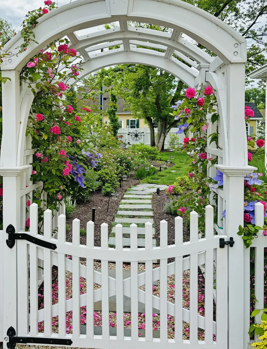 Custom Victorian Trellis (Options: 5' W x 5' D, Douglas-fir, 8' H, 4x4's Posts, Post Anchor Kit for Concrete, Custom Stain) with Custom Fence and Door. Photo Taken 2 Years After Installation. Photo Courtesy of Jessica and Brian Steel of Leesburg, Maryland.