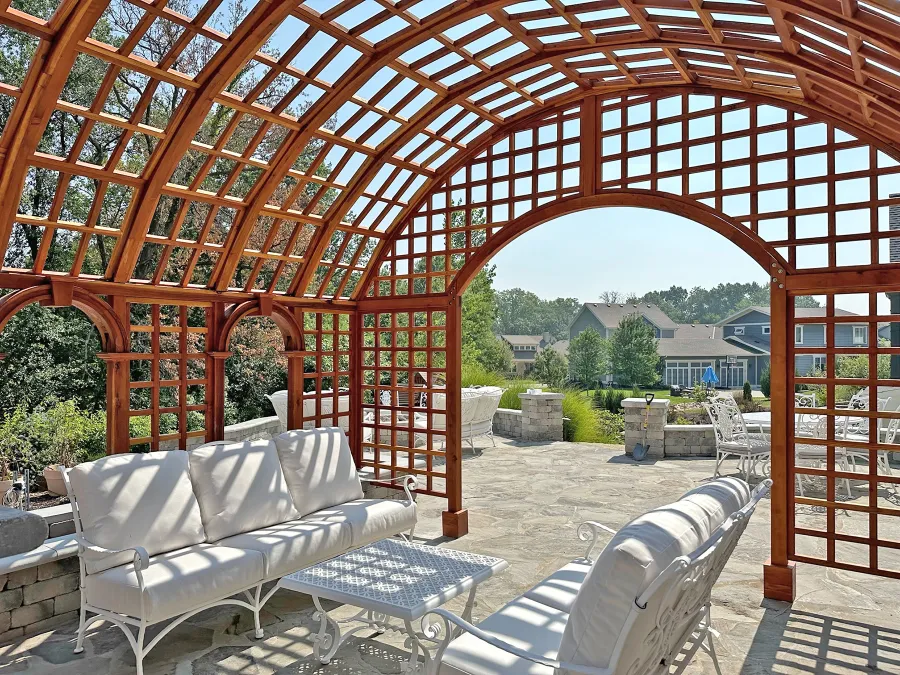 The Victorian Trellis (Options: 13' L x 16'-6" W, Combination of Arcs and Lattice Panels, California Redwood, No Rain Guard, 8' Post Height, No Electrical Wiring Trim, No Ceiling Fan Base, Transparent Premium Sealant). Photo Courtesy of J. Christesen of Kansas City, Missouri.