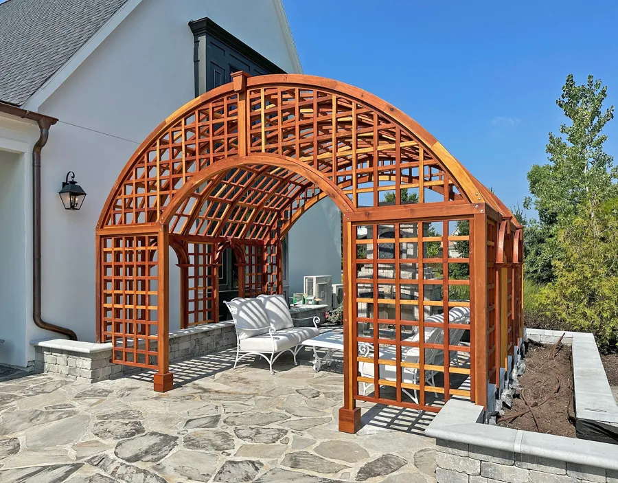 The Victorian Trellis (Options: 13' L x 16'-6" W, Combination of Arcs and Lattice Panels, California Redwood, No Rain Guard, 8' Post Height, No Electrical Wiring Trim, No Ceiling Fan Base, Transparent Premium Sealant). Photo Courtesy of J. Christesen of Kansas City, Missouri.