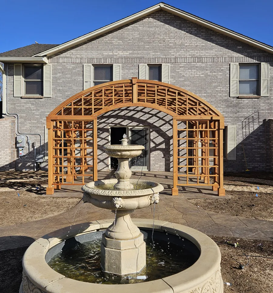 The Victorian Trellis (Options: 16' L x 16' W, Combination of Arcs and Lattice Panels, Douglas-Fir, No Rain Guard, 7' Post Height, 3 Electrical Wiring Trims, Ceiling Fan Base with Rain Guard, Transparent Premium Sealant). Photo Courtesy of R. Lamb of Commerce City.