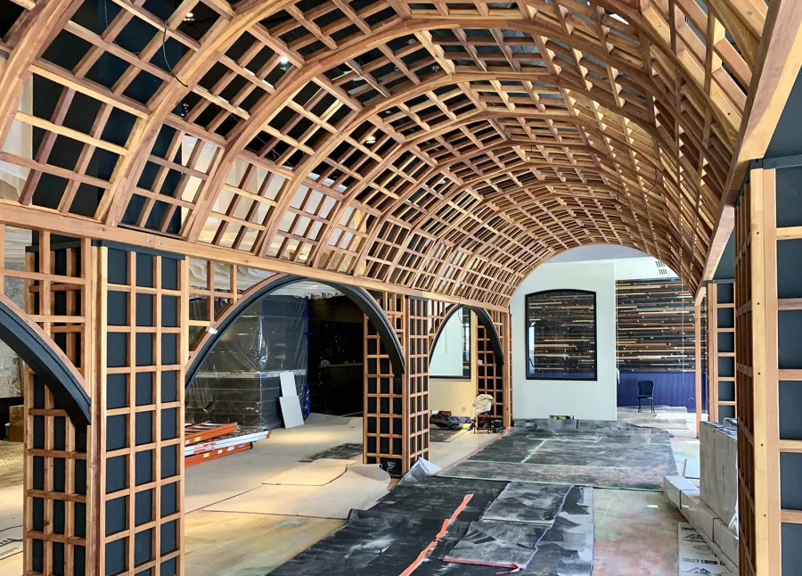 Custom Victorian Trellis Under Construction (Options: California Redwood, Transparent Premium Sealant). Installed at new restaurant ALLAVITA in 564 W Randolph St, Chicago, IL. Grand opening summer 2021. 
