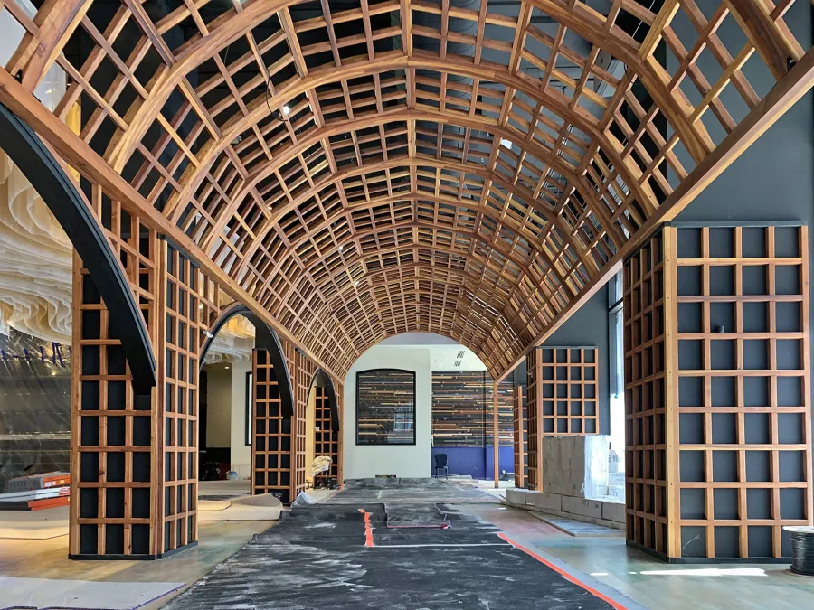 Custom Victorian Trellis Under Construction (Options: California Redwood, Transparent Premium Sealant). Installed at new restaurant ALLAVITA in 564 W Randolph St, Chicago, IL. Grand opening summer 2021. 