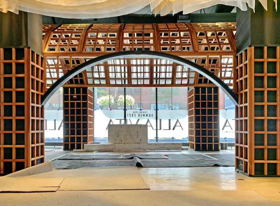 Custom Victorian Trellis Under Construction (Options: California Redwood, Transparent Premium Sealant). Installed at new restaurant ALLAVITA in 564 W Randolph St, Chicago, IL. Grand opening summer 2021. 