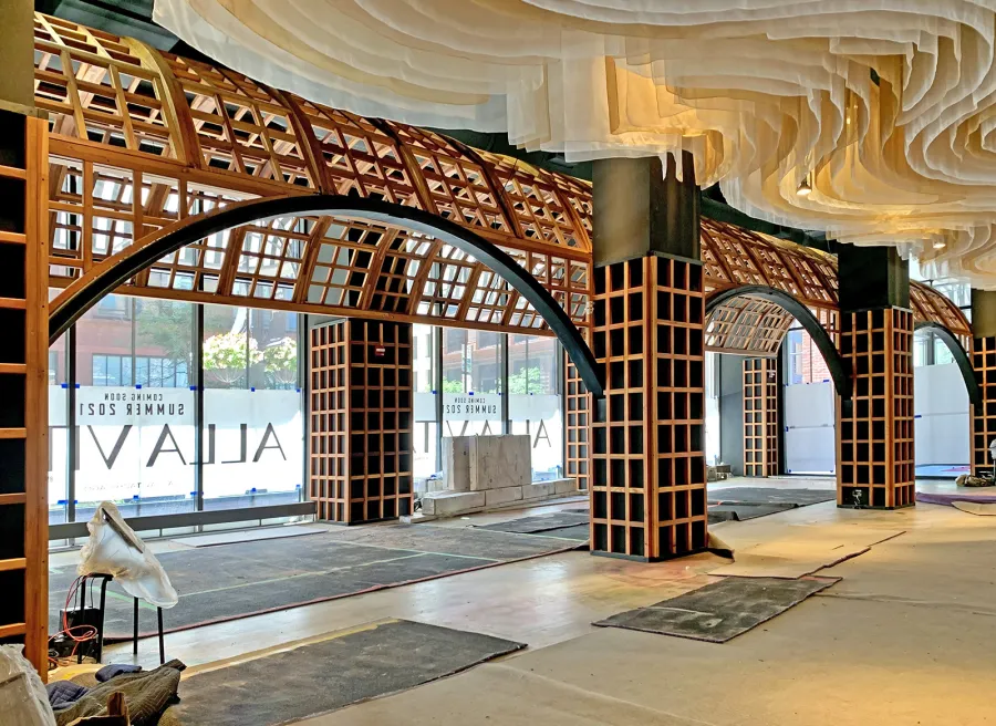 Custom Victorian Trellis Under Construction (Options: California Redwood, Transparent Premium Sealant). Installed at new restaurant ALLAVITA in 564 W Randolph St, Chicago, IL. Grand opening summer 2021. 