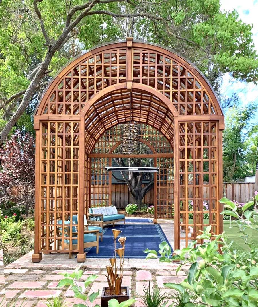 The Victorian Trellis (Options: 22' L x 14' W, Combination of Arcs and Lattice Panels, California Redwood, With Rain Guard, 9' Post Height, No Electrical Wiring Trim, No Ceiling Fan Base, Transparent Premium Sealant). Photo Courtesy of D. Blatz of Saratoga, CA.