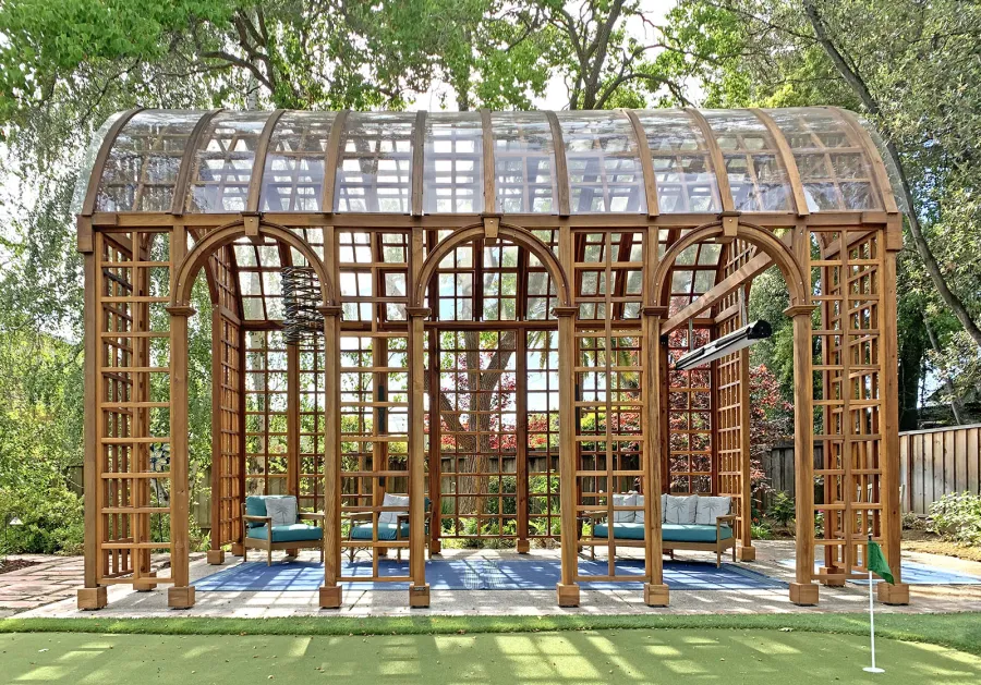 The Victorian Trellis (Options: 22' L x 14' W, Combination of Arcs and Lattice Panels, California Redwood, With Rain Guard, 9' Post Height, No Electrical Wiring Trim, No Ceiling Fan Base, Transparent Premium Sealant). Photo Courtesy of D. Blatz of Saratoga, CA.