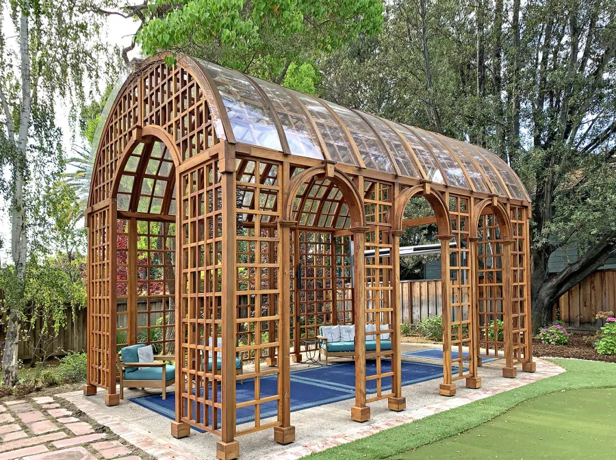 The Victorian Trellis (Options: 22' L x 14' W, Combination of Arcs and Lattice Panels, California Redwood, With Rain Guard, 9' Post Height, No Electrical Wiring Trim, No Ceiling Fan Base, Transparent Premium Sealant). Photo Courtesy of D. Blatz of Saratoga, CA.