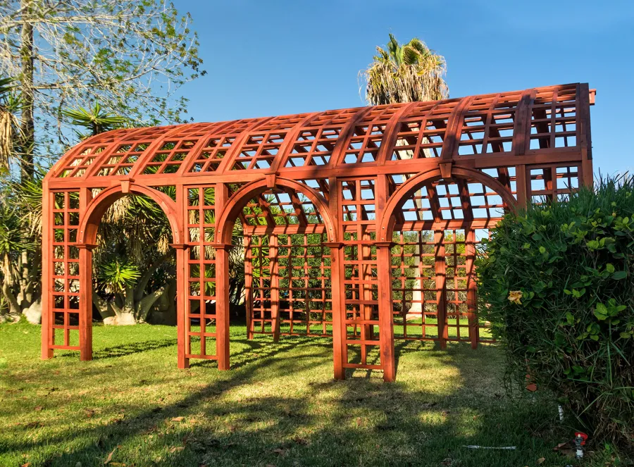 The Victorian Trellis (Options: 22' L x 14' W, Combination of Arcs and Lattice Panels, Mature Redwood, No Rain Guard, 9' Post Height, No Electrical Wiring Trim, No Ceiling Fan Base, Transparent Premium Sealant).