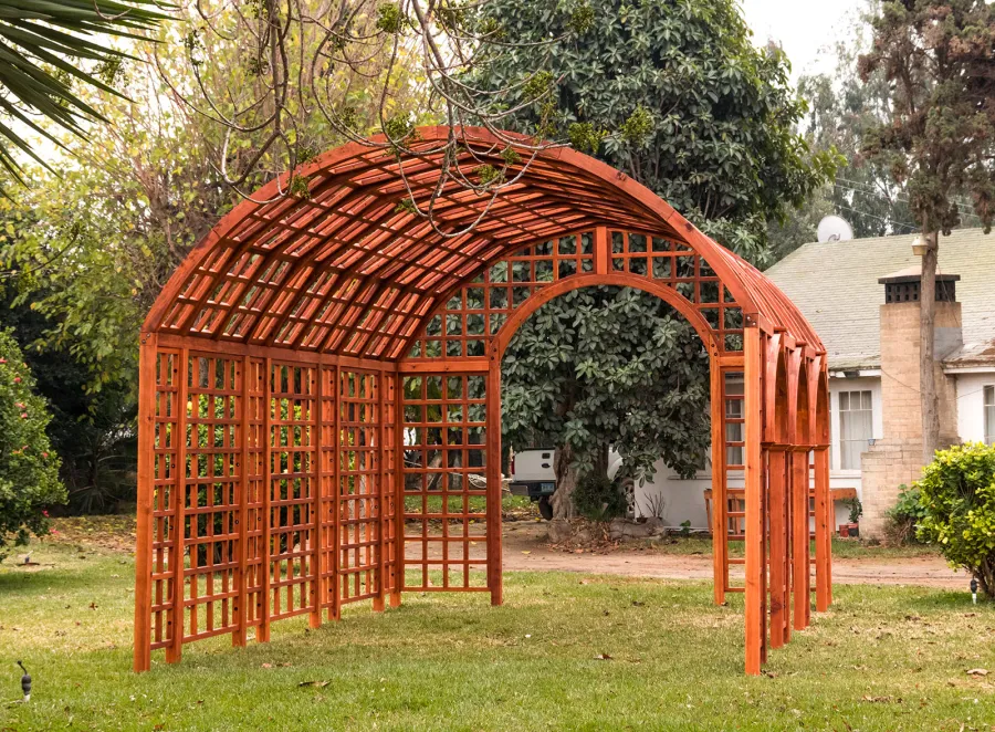 The Victorian Trellis (Options: 22' L x 14' W, Combination of Arcs and Lattice Panels, Mature Redwood, No Rain Guard, 9' Post Height, No Electrical Wiring Trim, No Ceiling Fan Base, Transparent Premium Sealant).