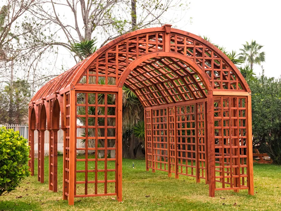 The Victorian Trellis (Options: 22' L x 14' W, Combination of Arcs and Lattice Panels, Mature Redwood, No Rain Guard, 9' Post Height, No Electrical Wiring Trim, No Ceiling Fan Base, Transparent Premium Sealant).