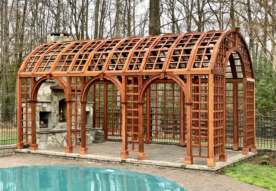 The Victorian Trellis (Options: 22' L x 14' W, Combination of Arcs and Lattice Panels, Mature Redwood, No Rain Guard, 9' Post Height, No Electrical Wiring Trim, Post Anchor Kit for Stone, No Ceiling Fan Base, Transparent Premium Sealant).