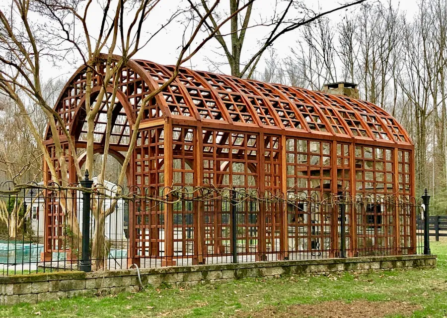 The Victorian Trellis (Options: 22' L x 14' W, Combination of Arcs and Lattice Panels, Mature Redwood, No Rain Guard, 9' Post Height, No Electrical Wiring Trim, Post Anchor Kit for Stone, No Ceiling Fan Base, Transparent Premium Sealant).