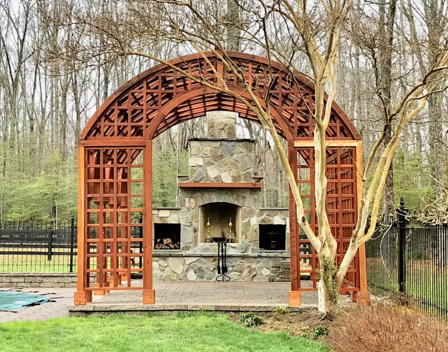 The Victorian Trellis (Options: 22' L x 14' W, Combination of Arcs and Lattice Panels, Mature Redwood, No Rain Guard, 9' Post Height, No Electrical Wiring Trim, Post Anchor Kit for Stone, No Ceiling Fan Base, Transparent Premium Sealant).