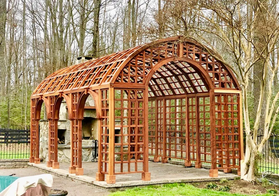 The Victorian Trellis (Options: 22' L x 14' W, Combination of Arcs and Lattice Panels, Mature Redwood, No Rain Guard, 9' Post Height, No Electrical Wiring Trim, Post Anchor Kit for Stone, No Ceiling Fan Base, Transparent Premium Sealant).