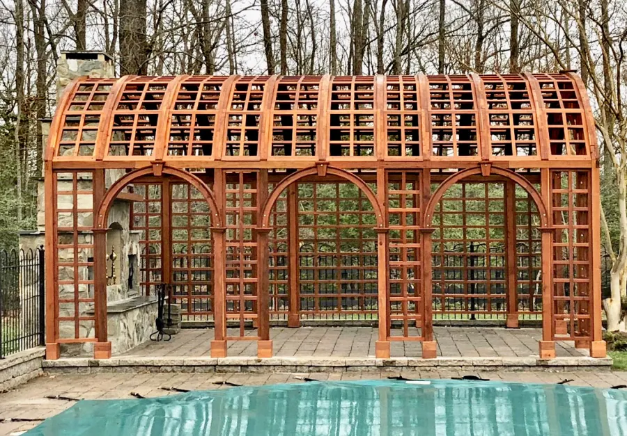 The Victorian Trellis (Options: 22' L x 14' W, Combination of Arcs and Lattice Panels, Mature Redwood, No Rain Guard, 9' Post Height, No Electrical Wiring Trim, Post Anchor Kit for Stone, No Ceiling Fan Base, Transparent Premium Sealant).