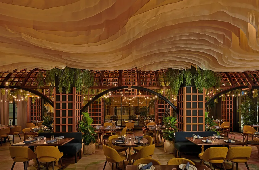 Custom Victorian Trellis (Options: California Redwood, Transparent Premium Sealant). Installed at restaurant ALLAVITA in 564 W Randolph St, Chicago, IL. Design By Kehoe Designs, Photographer: Anthony Tahlier.