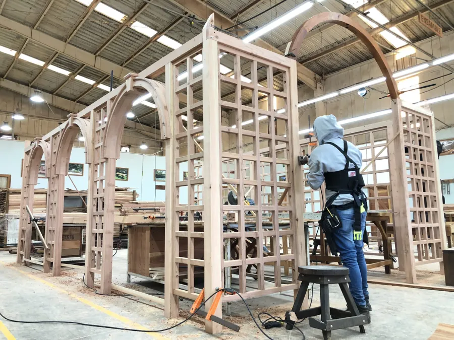 The Victorian Trellis (Options: 22' L x 14' W, Combination of Arcs and Lattice Panels, Mature Redwood, No Rain Guard, 9' Post Height, No Electrical Wiring Trim, Post Anchor Kit for Stone, No Ceiling Fan Base, Transparent Premium Sealant).
