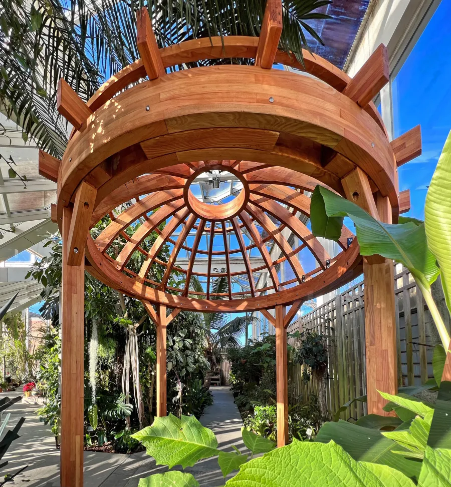 Wooden Dome Pergola (Options: 12' Diameter, Mosaic Douglas-fir, Open roof with slats at 12", Transparent Premium Sealant).
